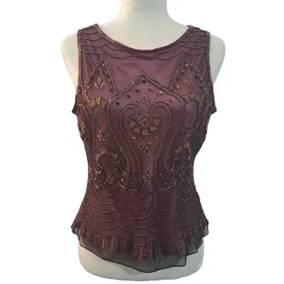 Adrianna Papell 3 Pc Set Silk Embellish Top Skirt Jacket Wedding Party Plum Sz10